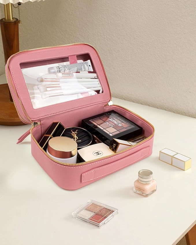 Clear Makeup Bags TSA Approved Toiletry Bag Handle Large Opening,Clear Toiletry Bags for Carry-on Traveling Travel Car Accessories Essentials Organziation Storage for Women Girls(Rose Pink, 2Layer)