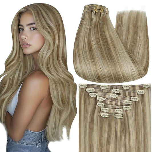 Full Shine 20 Inch Clip in Human Hair Blonde Real Hair Extensions Dirty Blonde Highlighted 7 Pcs Double Weft Brazilian Remy Hair Soft Straight Invisible Hair