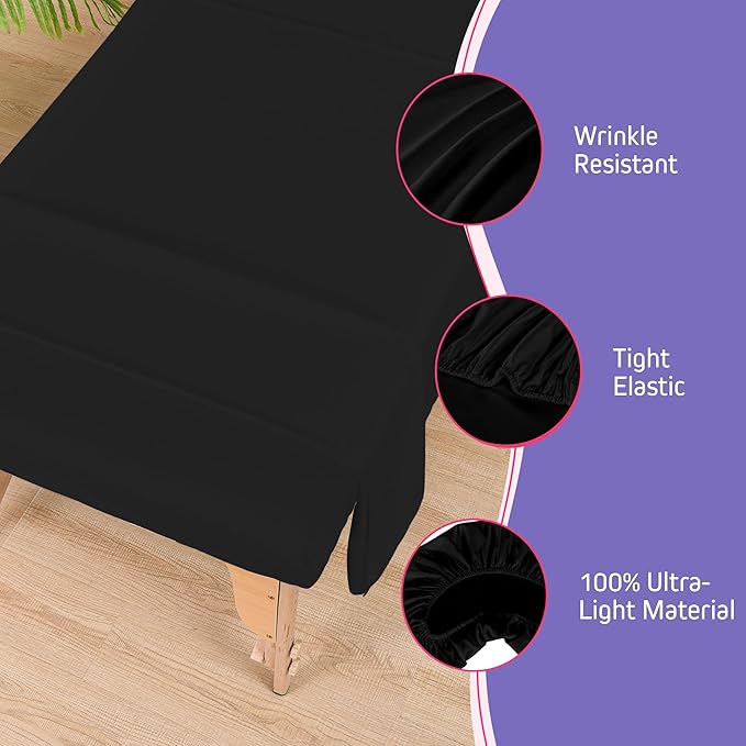 Massage Table Sheets Sets – 4 Set Bundle, 120GSM Double Brushed Microfiber, Premium Massage Sheets Sets, Spa Bed Sheets for Esthetician, Wrinkle & Oil Resistant, Black