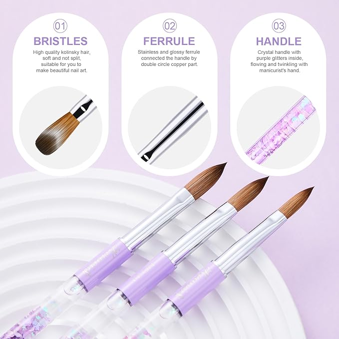 3PCS Kolinsky Nail Art Brush Set, Size 06/12/16 for Acrylic Application, Sturdy Handle Oval Shaped Powder Design Tools for Professional Manicure DIY Home