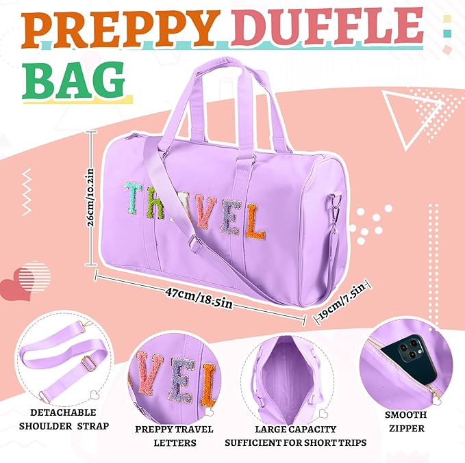 2 Pcs Preppy Chenille Letter Duffle Bag and Makeup Pouch, Travel Tote Bag Cosmetic Zipper Patch Makeup Bag (Light Purple)