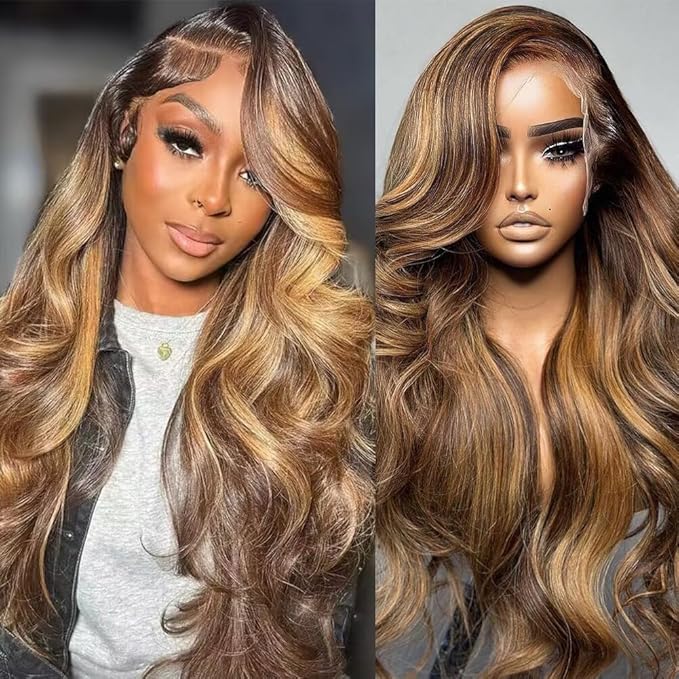 Azkiu Highlight Ombre Lace Front Wig Human Hair 4/27 Honey Blonde lace Frontal Wigs Pre Plucked with Baby Hair 13x4 Colored Body Wave HD Lace Front wig Human Hair Natural Hairline 150% Density18Inch