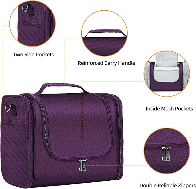 Buruis Extra Large Capacity Toiletry Bag for Women and Men, Hanging Toiletry Organizer Cosmetics Makeup Bag, Water-resistant Dopp Kit for Full Sized Toiletries, Travel Essentials (Purple)