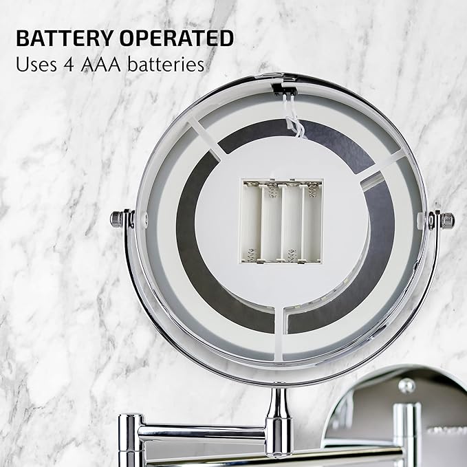 OVENTE 7" Lighted Wall Mount Makeup Mirror with 1X/7X Magnification, Cordless Double Sided Magnifying Round Vanity Mirror, 360° Swivel Design, Extendable and Folding Arm, Polished Chrome MFW70CH1X7X