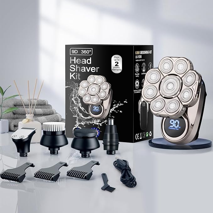9D Electric Head Shaver for Bald Men, Upgraded 5-in-1 Head Shaver for Bald Men, Waterproof Wet/Dry Grooming Kit Electric Shaver for Men, Cordless Rechargeable Bald Head Razor for Home&Travel