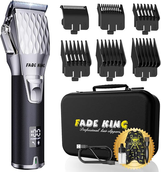 FADEKING® Professional Hair Clippers for Men - Cordless Hair Clippers, LCD Display Barber Clippers for Hair Cutting & Mens Grooming with Travel Case(Silver+Black)