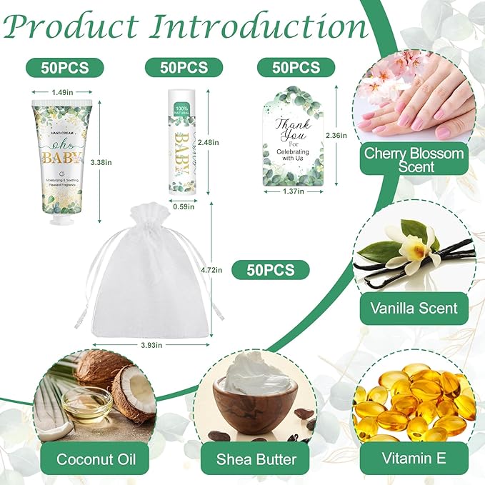 50 Pack Hand Cream Bulk and Lip Balm Bulk Gifts Sets, Baby Shower Favors and Bridal Shower Favors for Guests with Thank You Card and Organza Gift Bags, Thank You Gifts for Women (Oh Baby)