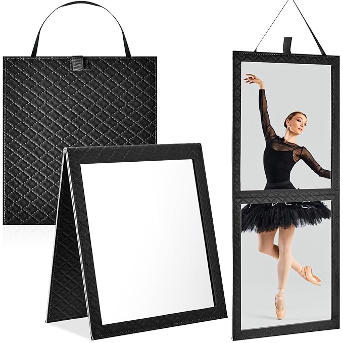 Foldable Backstage Mirror with Handle 33.5X 13.4 Inch Leather Folding Hanging Mirror Rectangular for Travel Dance Bag Home Fitness Spa Gift for Dancers（Black）