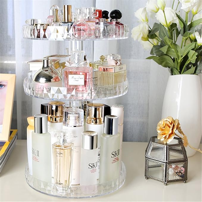 Diamond Pattern Three Layers Perfume Organizer, 360 Rotating Diamond Cosmetic Storage Box Transparent Acrylic Swivel Shelf Desktop Skin Care Product Dresser Finishing, Plus Size