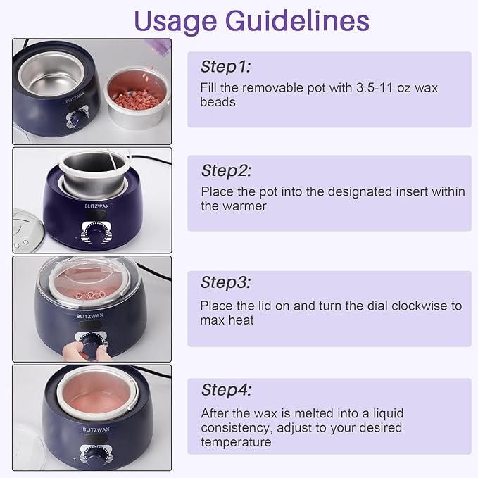 BLITZWAX Brazilian and Bikini Waxing Pot for Men, Hard Wax Warmer for Face, Legs, and Body, At Home Hair Removal Kit, Beginner Friendly, Quick Heating, Precise Temperature Control