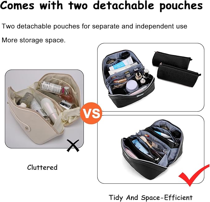 Travel Makeup Bag Organizer Cosmetic Bag: 3 Pcs Set Make up Bags for Women with Handle - Waterproof Vegan Leather Toiletry Bags with Comparments (Black)