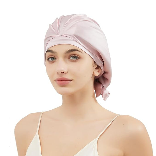 RachelSilk 100% Mulberry Silk Sleep Cap, Grade 6A 19 Momme Silk for Women Hair Care, Night Bonnet with Elastic Stay On Head, Sleep Cap After Shower, for Small -Medium Head Size (Pale Pink)