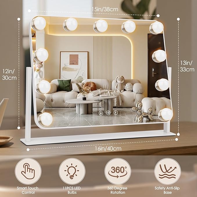 360° Vanity Mirror with Lights 11 Led Bulbs Hollywood Lighted Makeup Mirror with 5X Magnification Mirror Hollywood Cosmetic Mirror Tabletop Makeup Mirror with 3 Lighting Modes 16x13 Inch