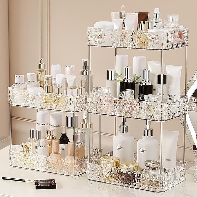 Makeup Organizer for Vanity, High-Capacity Clear Makeup Storage Perfume Organizers,Cosmetic Display Cases,Bathroom Countertop Organizer(Crystal Clear, 2Tier)