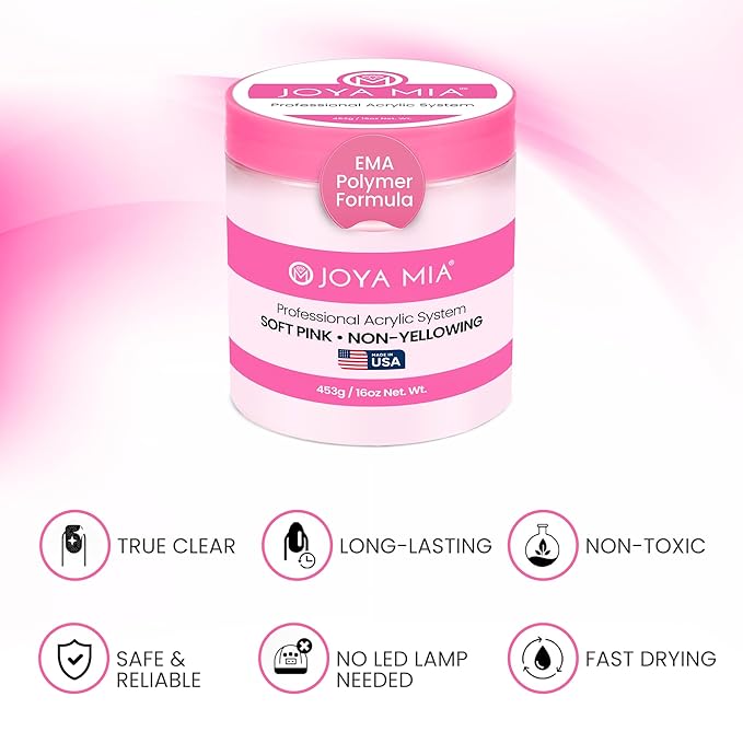 Joya Mia Acrylic Powder for Nails, MMA-Free, Super Adhesion Professional Powder for Flawless & Long-Lasting Nail Enhancements, Easy Application, Vibrant & Stunning Colors - Soft Pink, 5 lbs