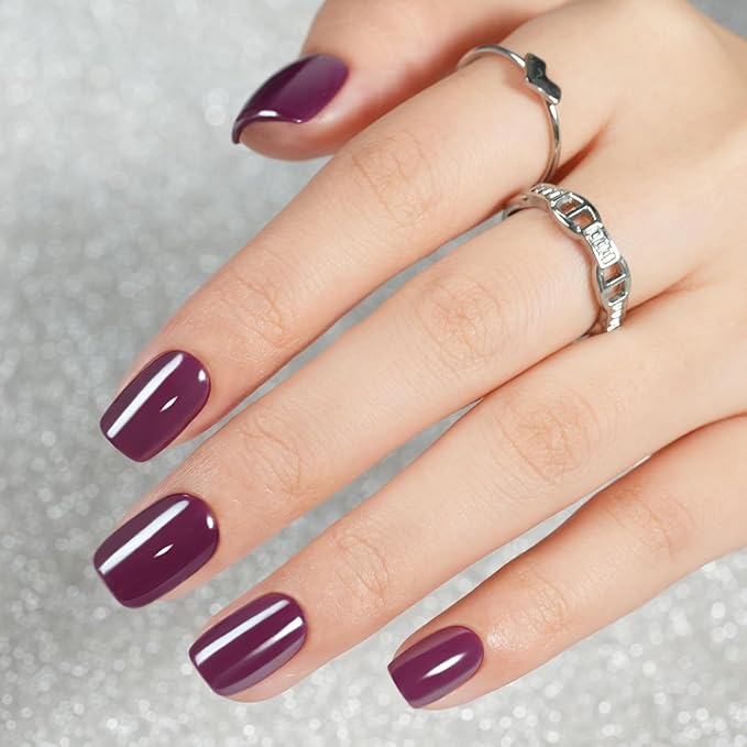 Press on Nails Short Dark Purple - Jofay Fashion Press on Nails Chrome Square, Stick On Nails in 16 Sizes -160PCS Soft Gel Fake Nails Kit for Valentines Day Gift