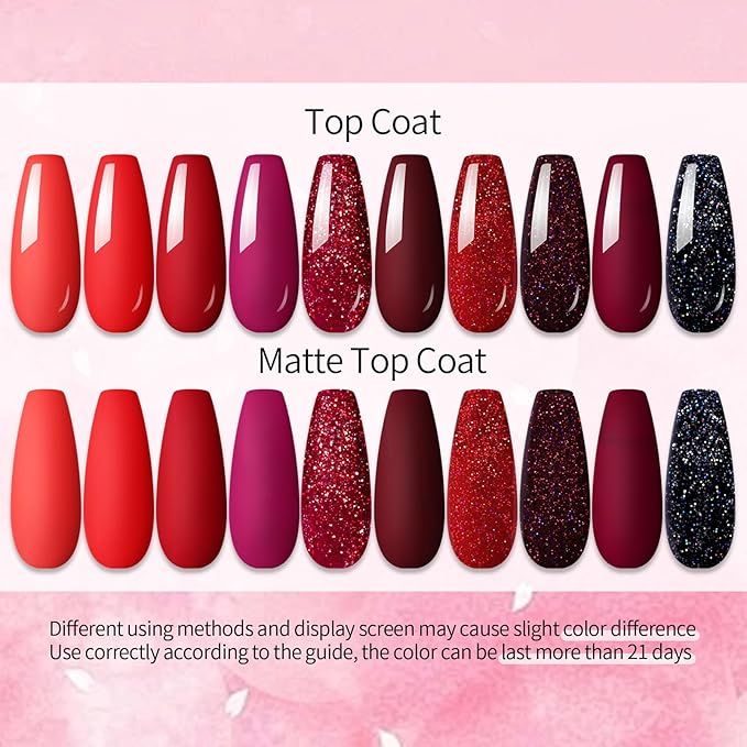 UR SUGAR Red Gel Nail Polish Set, 10 Colors Red Collection Gel Polish Glitter Red Dark Red Burgundy Red Bloody Red Gel Polish Set for All Seasons Soak Off Gel Nail Manicure Gifts Set for Women