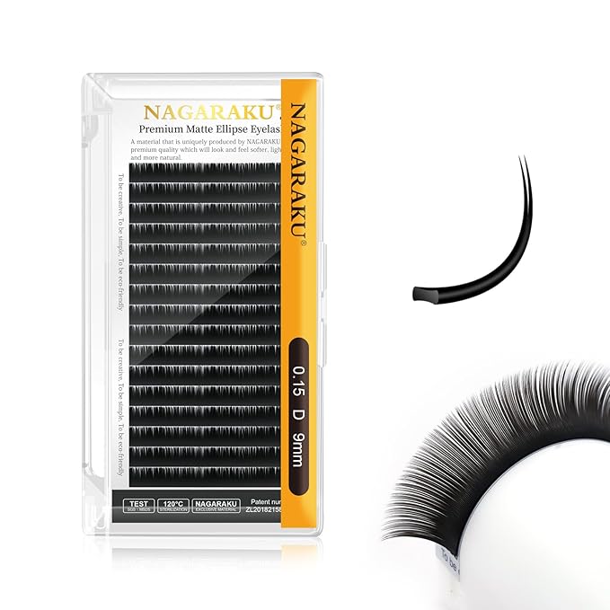 NAGARAKU Double Tips Ellipse Eyelash Extensions Lighter Thinner Flat Split Tips Individual Lash 0.15mm D curl 9mm Matte Black Faux Mink Classic False Lash Supplies 16 Rows