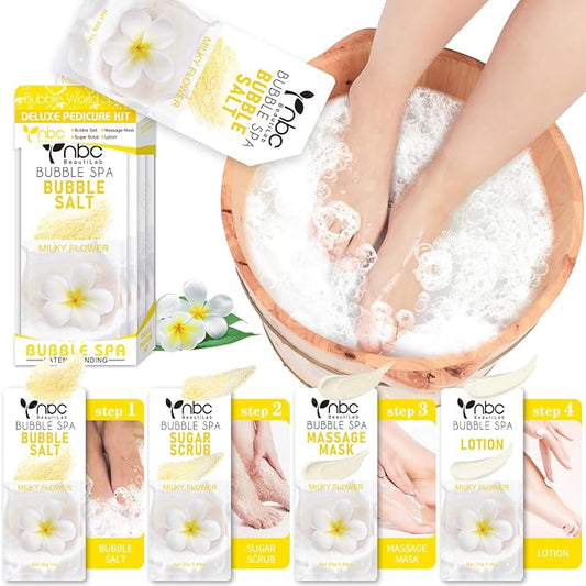 Pedicure Kit Foot Soak Set: Bubble Salt, Sugar Scrub, Massage Mask, Massage Lotion in a Box, 4 Step Foot Spa Kit for Dry Feet, Calluses and Tired Feet(1 Set Milky Flower)