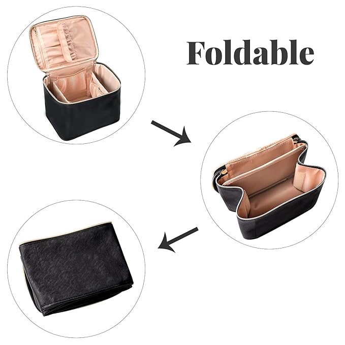 OCHEAL Large Makeup Bag for Women - Travel Cosmetic Organizer with Brush Holder & Dividers, Waterproof Leather Makeup Case, Portable Toiletry Bag for Makeup Brushes, Skincare, Accessories (Black)