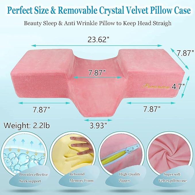 Puransen Lash Bed Pillow with Neck & Back Support - Curved Memory Foam Beauty Pillow for Eyelash Extensions & Salon Services, Two Pockets for Tools on The Sides of Removable Velvet Pillowcase (Pink)