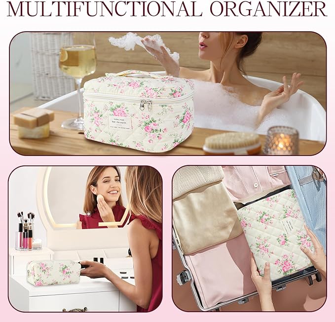 Makeup Bag, 3 PCS Quilted Makeup Bag, Cute Floral Cotton Cosmetic Bag set, Coquette Makeup Pouch Large Travel Toiletry Bag