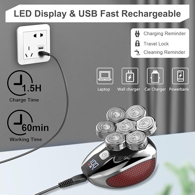 Head Shavers for Bald Men 7D, 5 in 1 Electric Shavers for Men Bald Head Rechargeable Bald Shavers for Men Waterproof Men's Rotary Shavers Grooming Kit with LED Display