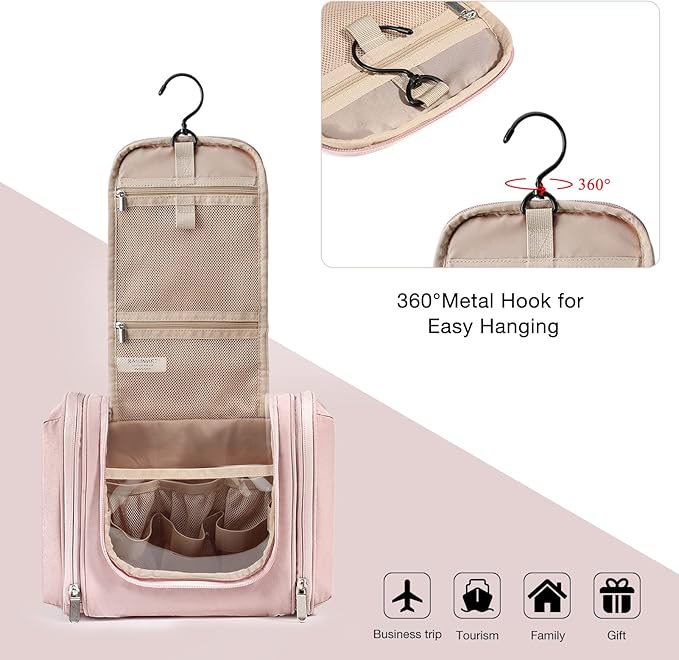 BAGSMART Extra Large Toiletry Bag Hanging Toiletry Bag for Travel, Water-resistant Cosmetic Makeup Large Capacity Bag Organizer for Full Sized Toiletries, Pink
