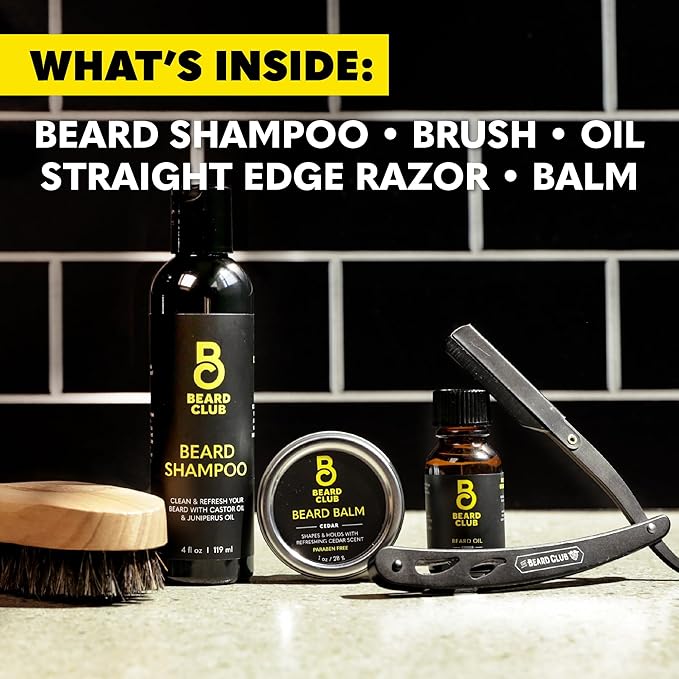 Beard Club Mens Grooming Kit, Beard Kit for Men - Style, Moisturize and Grow a Healthier Beard - Straight Edge Razor, Beard Shampoo, Cedar Beard Balm and Beard Oil, Boar Bristle Beard Brush - Gift Kit