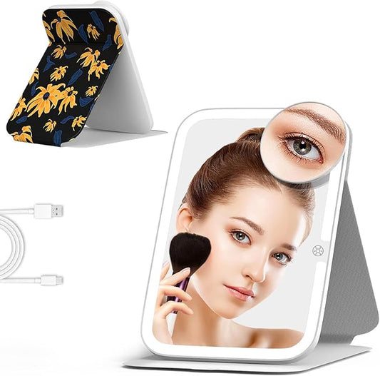 Mocado Travel Makeup Mirro with Lights, 360° Rotation Lighted Makeup Mirror, Portable Mirror with 10x Magnification, 60LEDs 3 Color Lightings, Dimmable Touch Screen, Tabletop Light up Mirror(Daisy)