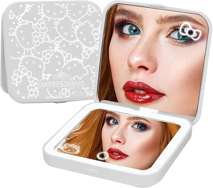 Impressions Vanity Hello Kitty Supercute Compact Mirror with Touch Sensor Switch for Adjustable Brightness, Lighted Makeup Mirror with LED Lights and 2X Magnifying Mirror Top (White)
