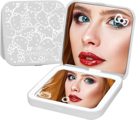 Impressions Vanity Hello Kitty Supercute Compact Mirror with Touch Sensor Switch for Adjustable Brightness, Lighted Makeup Mirror with LED Lights and 2X Magnifying Mirror Top (White)