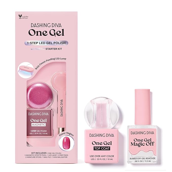 Dashing Diva One Gel Magnetic Mega Bundle – One Gel Magnetic Starter Kit in Villainous, Top Coat and Magic Off Nail Polish Remover - Manicure Set includes LED Lamp and Power Magnet