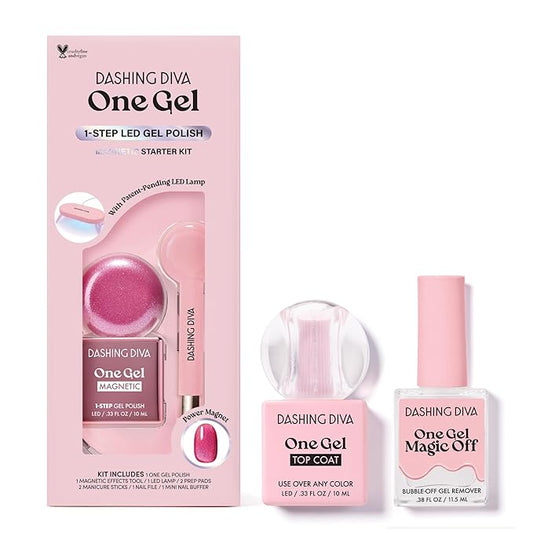 Dashing Diva One Gel Magnetic Mega Bundle – One Gel Magnetic Starter Kit in Villainous, Top Coat and Magic Off Nail Polish Remover - Manicure Set includes LED Lamp and Power Magnet
