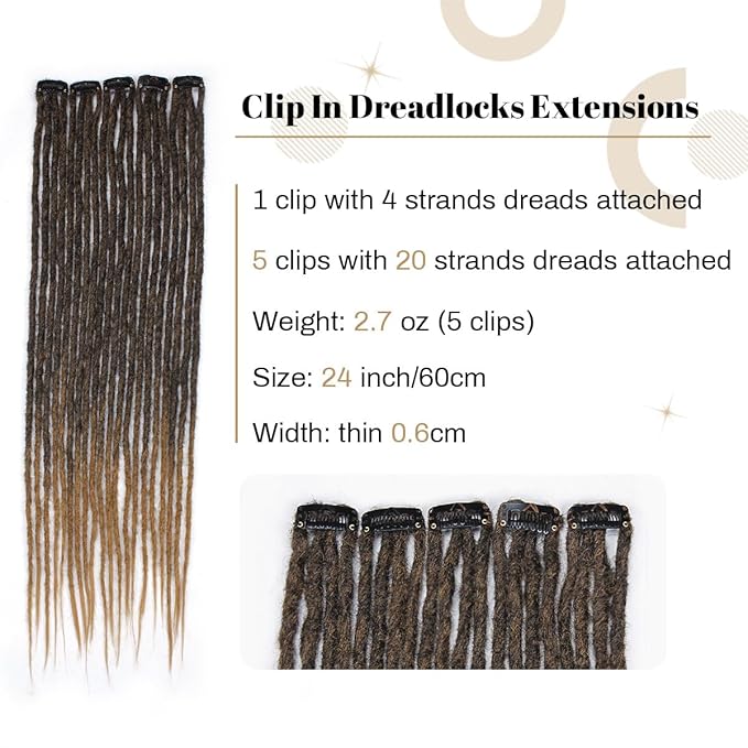 Ombre Brown 5 Clips-In Dreadlock Extensions for Women, Clip-In Synthetic Dreadlock Hair Extensions with 10 pcs Double Ended Dreads Attached …