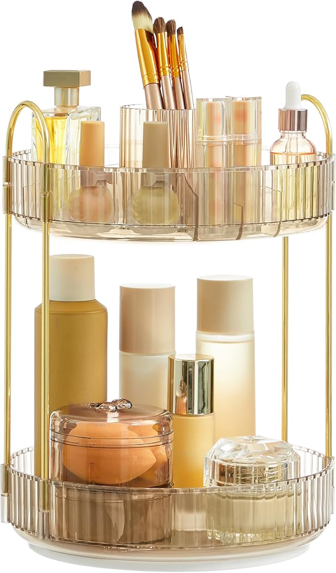 SONGMICS Makeup Organizer, 2-Tier Round Rotating Skincare Organizer Countertop, Customizable, Toiletries Vanity Organizer, Lazy Susan, Gift for Mom, Champagne Gold UJKA012A01
