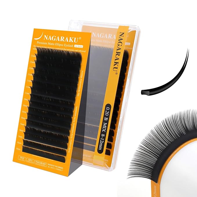 NAGARAKU Flat Ellipse Eyelash Extensions, 5TH GEN AIR SERIES Double Tips Lashes Lighter Thinner Flat Split Tips Individual Lash Matte Black Classic False Eyelashes 16 Rows -0.20 B Curl 8-12mm Mix