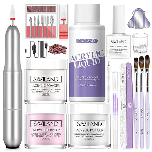 SAVILAND Acrylic Nail Kit with Drill: Professional Clear Pink White Acrylic Powder and Liquid Set with Nail Drill Nail Brush for beginner Acrylic Application for Home Salon DIY Nail Extension