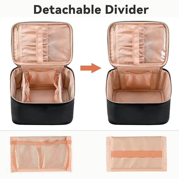 OCHEAL Large Makeup Bag for Women - Travel Cosmetic Organizer with Brush Holder & Dividers, Waterproof Leather Makeup Case, Portable Toiletry Bag for Makeup Brushes, Skincare, Accessories (Black)