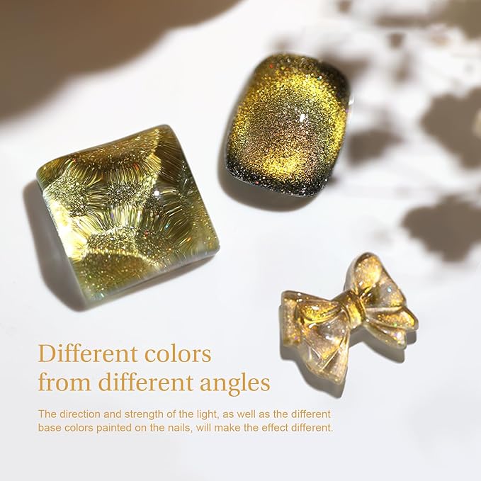 Cat Eye Gel Nail Polish with Magnet Stick, 15ml Glitter Holographic Nail Polish, Magnetic Effect Gel for Home DIY Manicure Gift, Champagne Gold