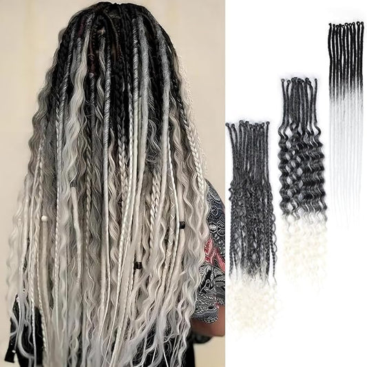 24 Inch 30 Strands SE Dreadlock Extensions Sets，3 In 1 Mixed Synthetic Dreads Extensions, Gray to White Straight&Curly&Boho Handmade Dreads Hippie Style Dreadlocks for Woman
