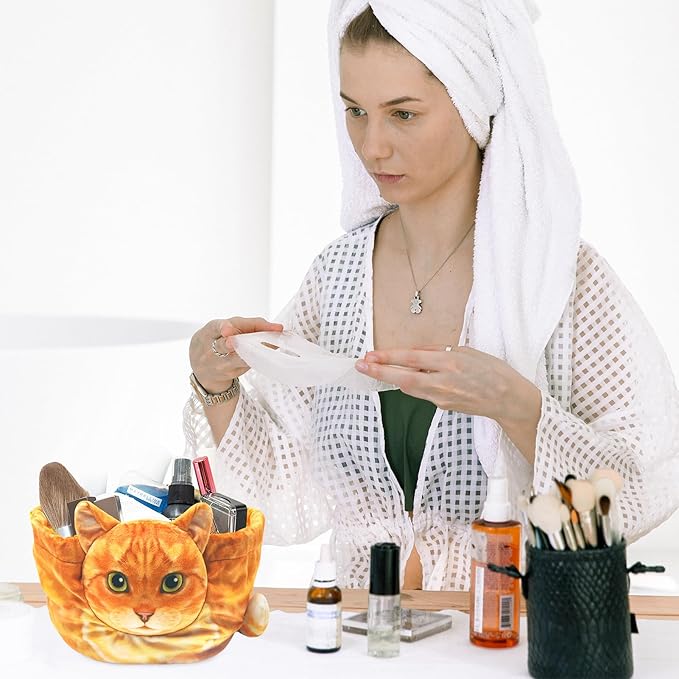 Drawstring Makeup Bag, Cat Makeup Bag, Travel Makeup Organizer, Cosmetic Pouch Bag, Cat Gift for Women, Lay Flat Makeup Bag Gifts for Cat Lovers(2-Pack, Black and orange