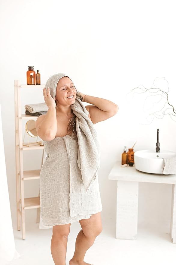 100% Flax Linen Hair Wrap Towels - Fast-Drying, Absorbent Linen Bath Towel - Ideal for Curly and Long Hair Drying Towels - Quick Dry Hair Care - Exfoliating Bath Towel - Large, Soft and Durable