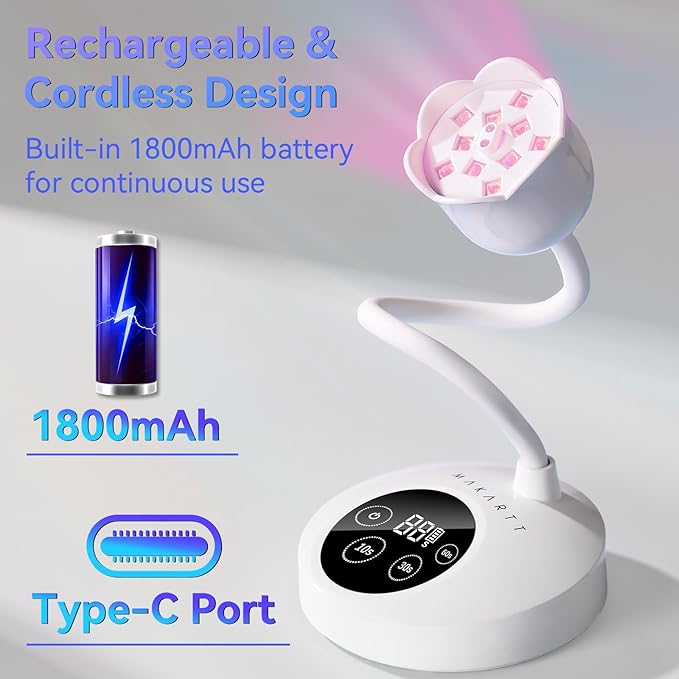 Makartt UV Nail Lamp: Mini UV Light for Gel Nails Polish Luminoza 30W Rechargeable LED Nail Light Nail Dryer with 4 Timers & Auto Sensor, Fast Curing Goosenecks Lamp for Home DIY Manicure