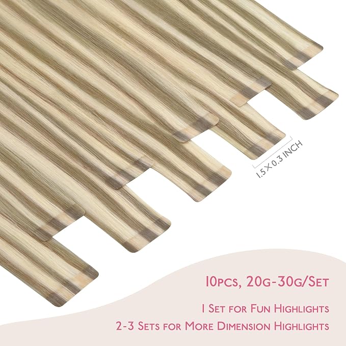 Wennalife Tape in Hair Extensions Human Hair Ash Brown Highlighted Golden Blonde Tape in Extensions, 10pcs 30g 22 inch Remy Invisible Tape Ins Straight Colored Soft Tape in Extensions Refill Set