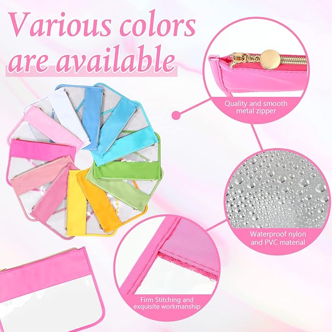 12 Pieces Clear Zipper Pouch for Travel Nylon Makeup Bag Waterproof Snack Stuff Pouches Cute Purse Cosmetic Bags for Women Girls Gifts