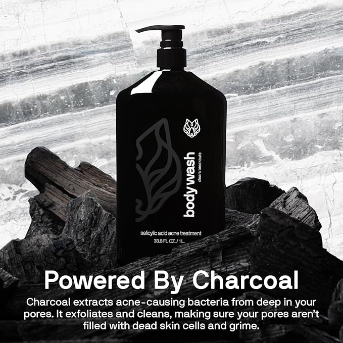 Black Wolf Charcoal Powder Body Wash for Men, 1 Liter - Charcoal Powder & Salicylic Acid Reduce Acne Breakouts & Cleanse Your Skin from Toxins & Impurities - Rich Lather for Full Coverage, Deep Clean
