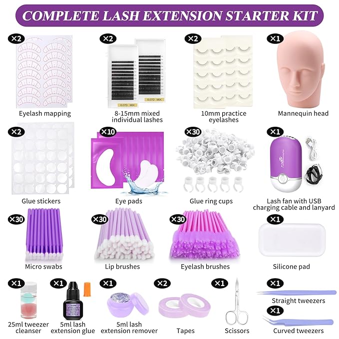 Eyelash Extension Kit for Beginners, Professional Lash Extension Supplies Set with Mannequin Head Lash Fan Extension Glue Eyelash Remover Tweezers, Practice Lash Training Tool for Eyelash Extensions