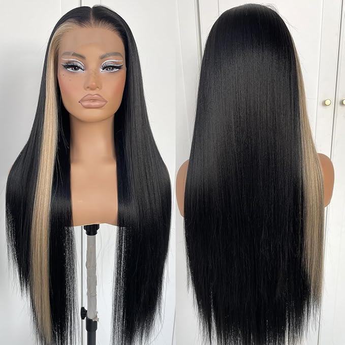 13x6 Glueless Skunk Stripe Straight Wig Black And White Highlight Lace Front Wig Pre-Plucked Yaki Synthetic Grey HD Lace Front Wig 32inch
