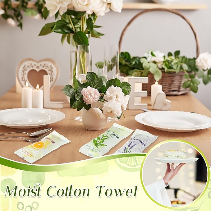 240 Pcs Moist Cotton Towel Moist Towelettes Individually Wrapped Scent Disposable Face Towel 8.6'' x 8.6'' Hot/Cold Moistened Cleansing Wipes, Lemon Tea Tree and Lavender Scent (White)